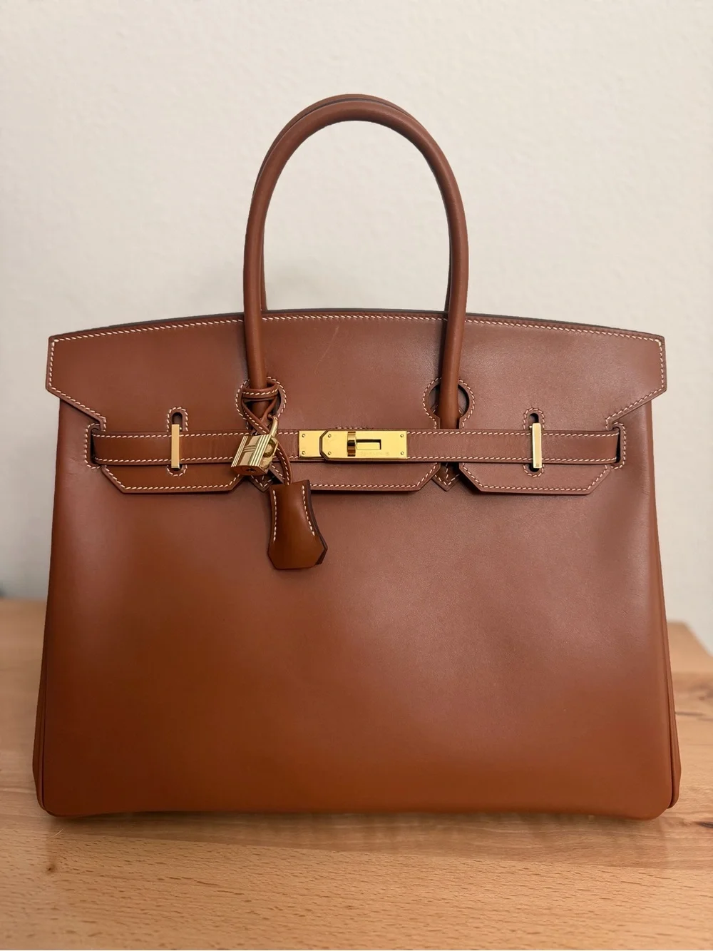 Handmade imported barenia Birkin 35 Fauve gold smooth GHW Cognac tote Italian